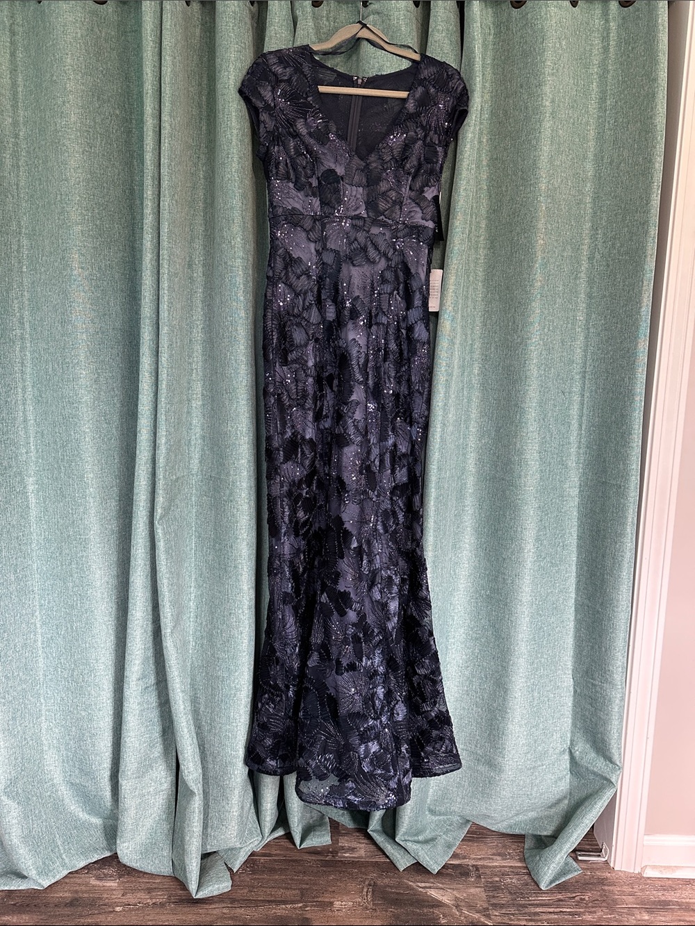 Betsy & Adam Navy Lace Maxi Dress with Subtle Sparkle